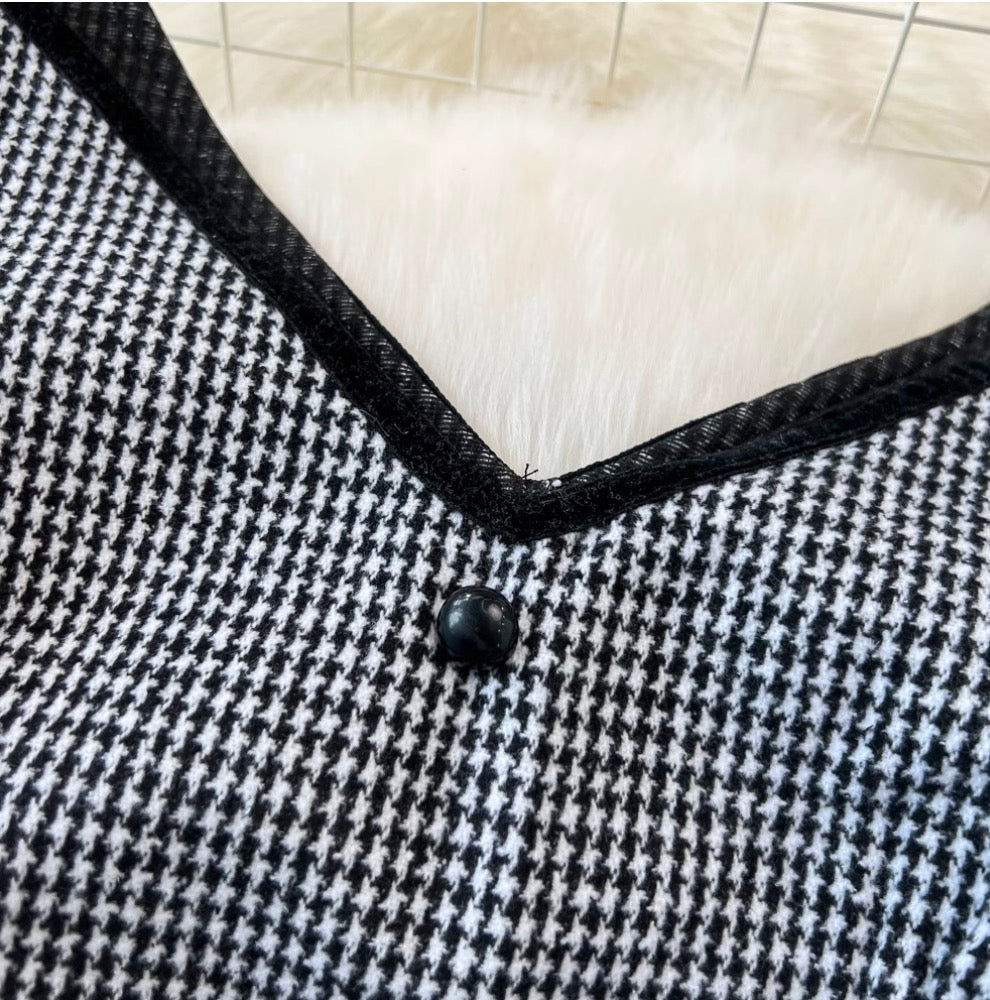 V-neck Houndstooth Tweed Slip Jumpsuits