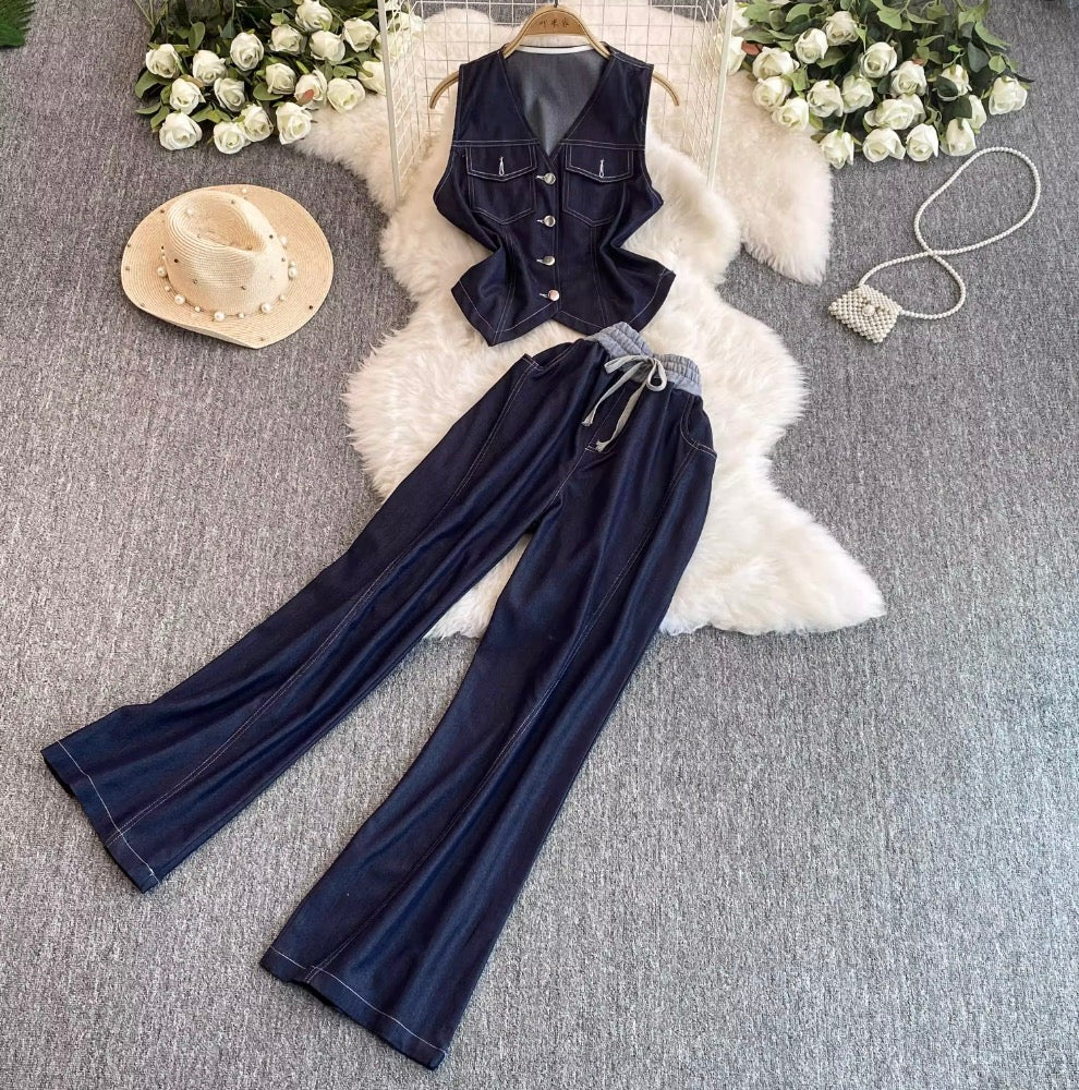 Denim Vest & Wide-leg Jeans 2Pcs