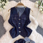 Denim Vest & Wide-leg Jeans 2Pcs