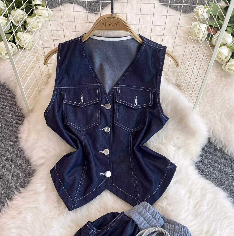 Denim Vest & Wide-leg Jeans 2Pcs