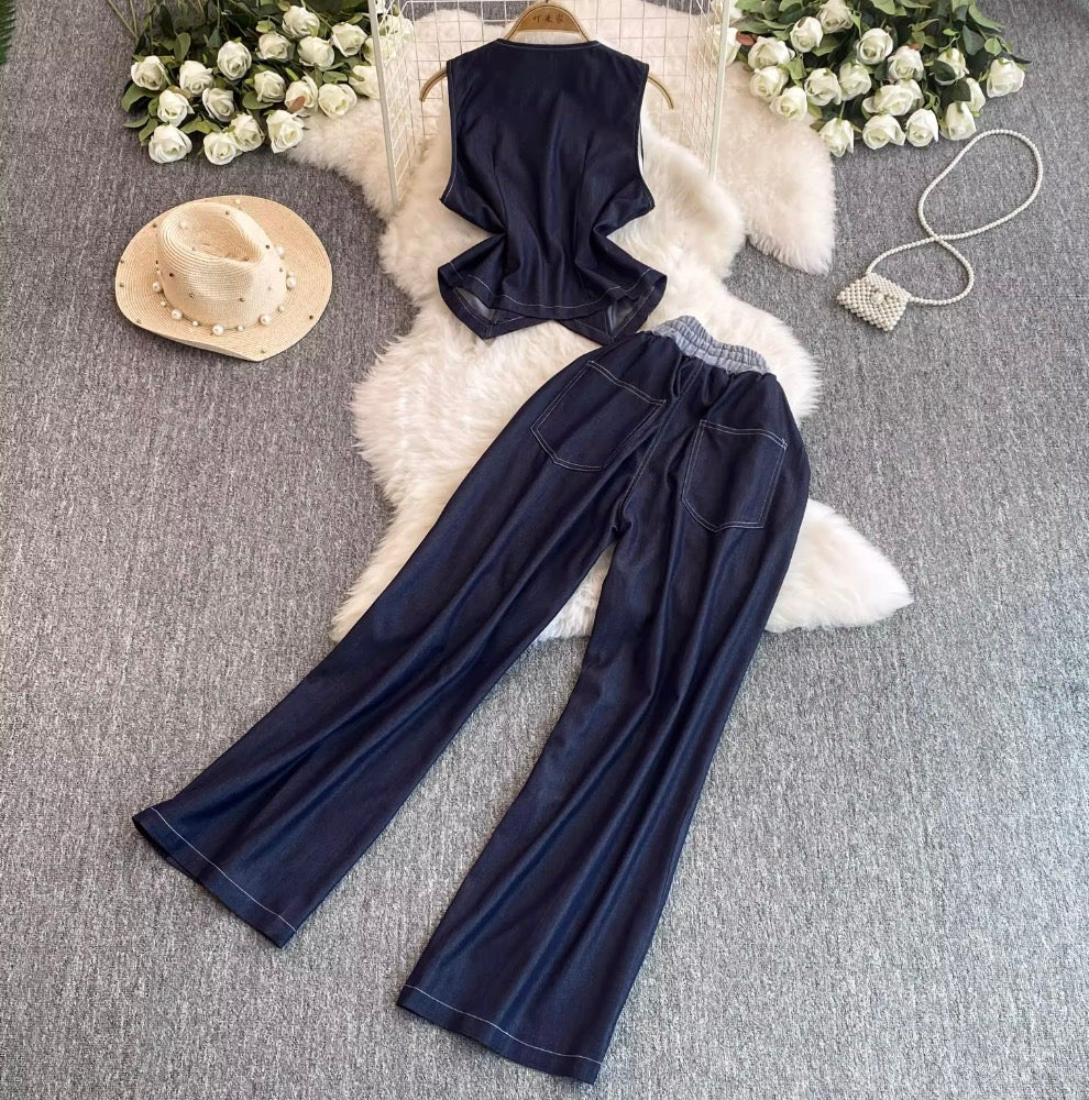 Denim Vest & Wide-leg Jeans 2Pcs