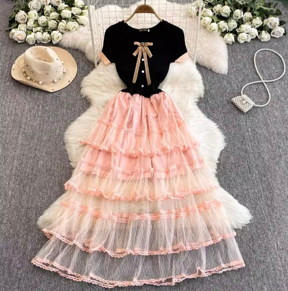 Bow-tie Layered Mesh Patchwork Dress