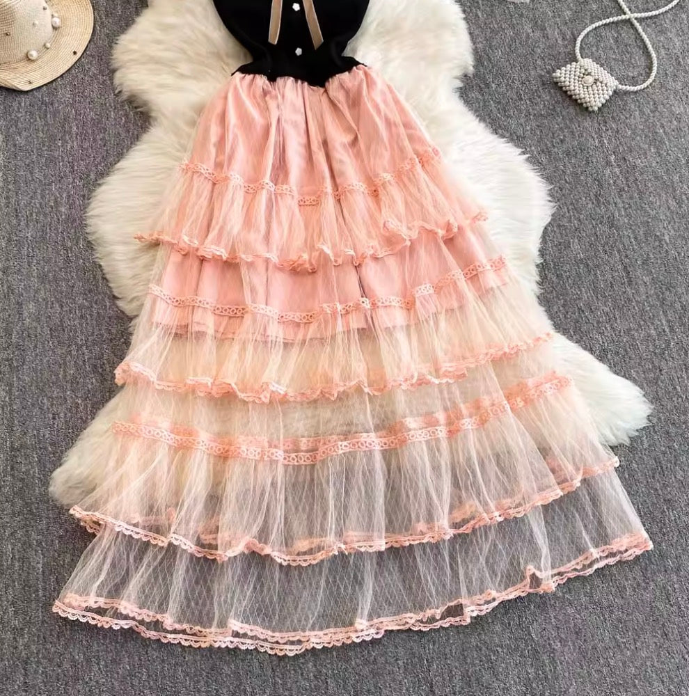 Bow-tie Layered Mesh Patchwork Dress