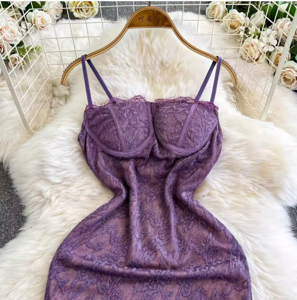 Backless Embroidery Lace Slip Dress