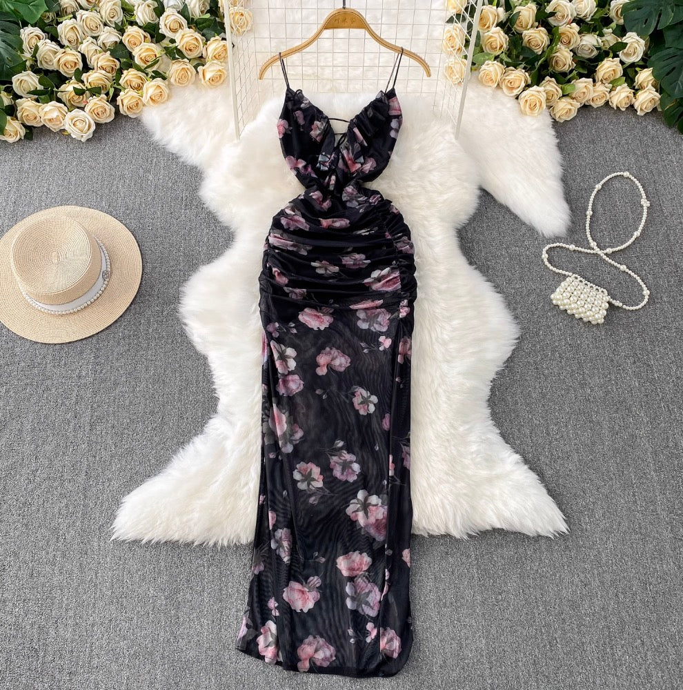 Lace-up Backless Printed Halter Dress