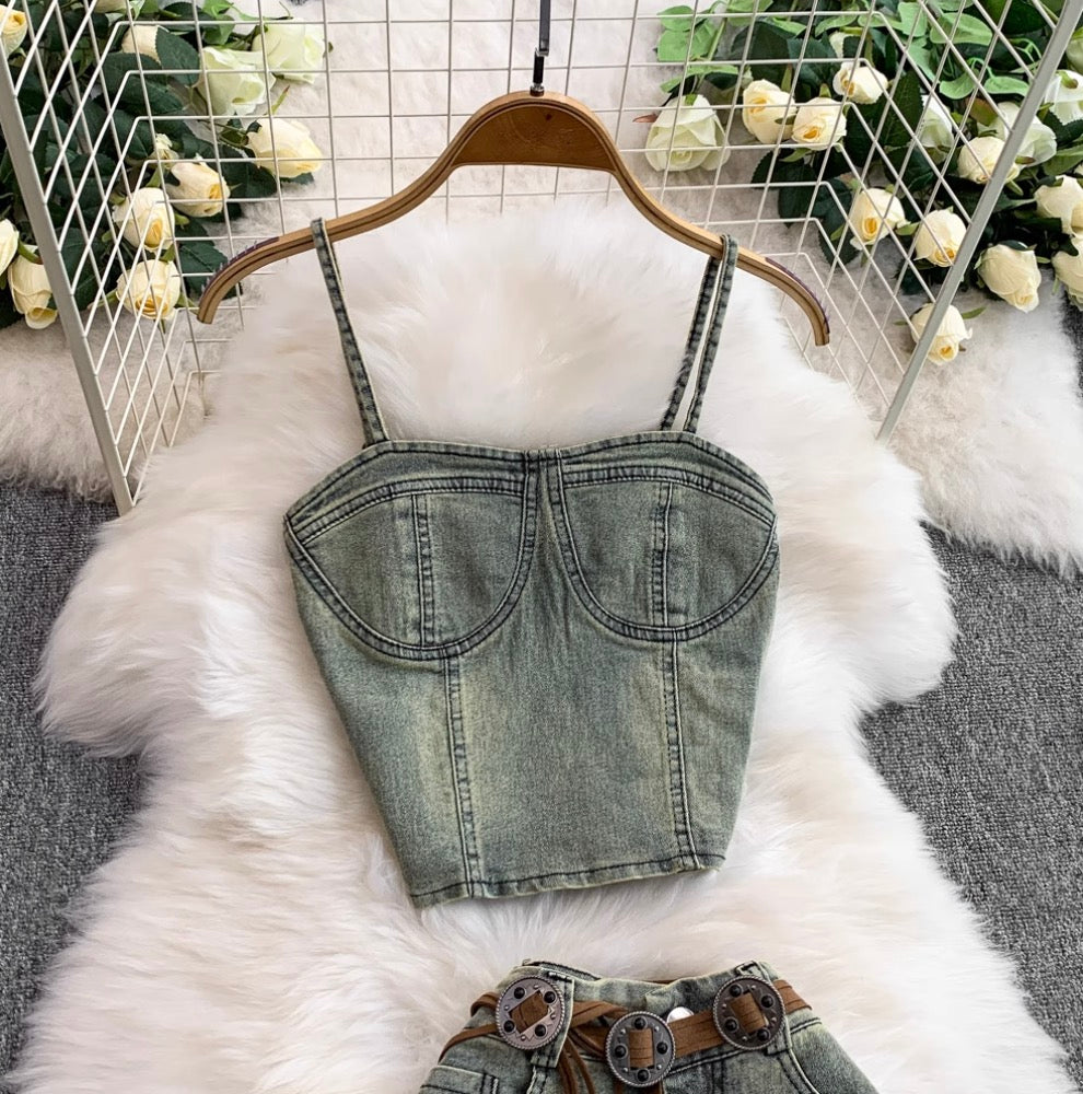 Vintage Denim Camisole & Skirt 2Pcs