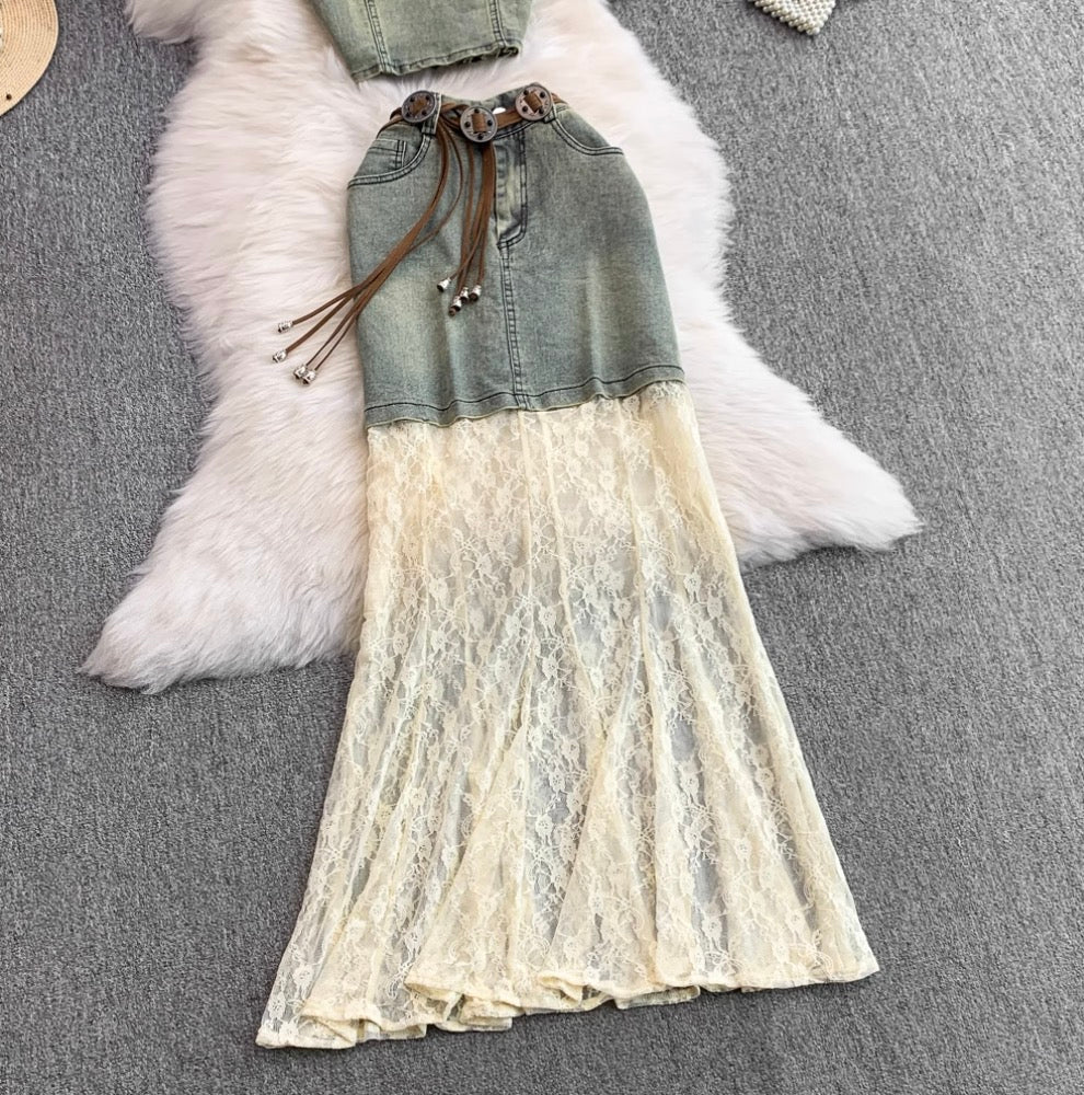 Vintage Denim Camisole & Skirt 2Pcs