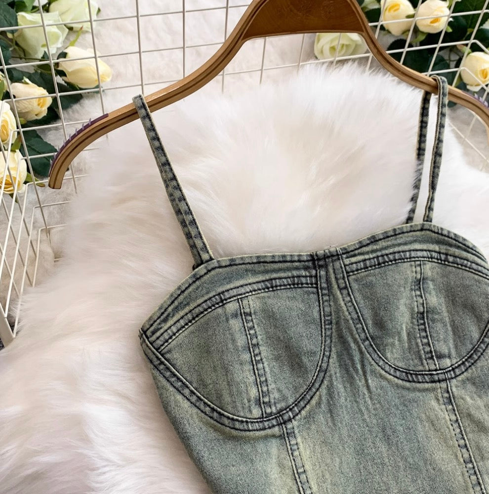 Vintage Denim Camisole & Skirt 2Pcs