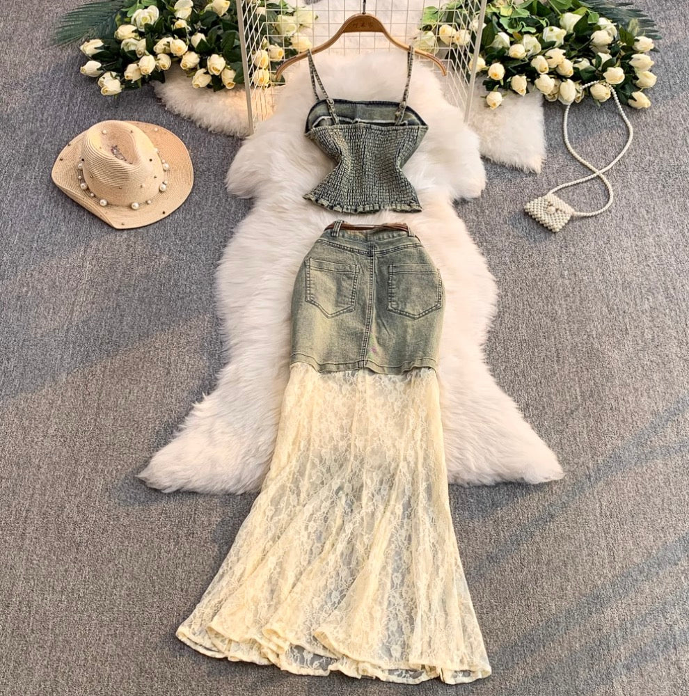 Vintage Denim Camisole & Skirt 2Pcs