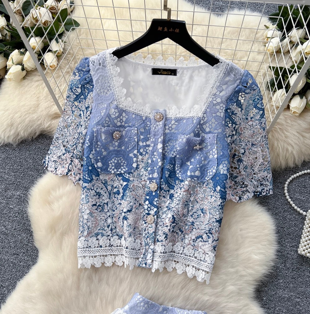 Lace Patchwork Embroidery Cardigan & Skirt 2Pcs