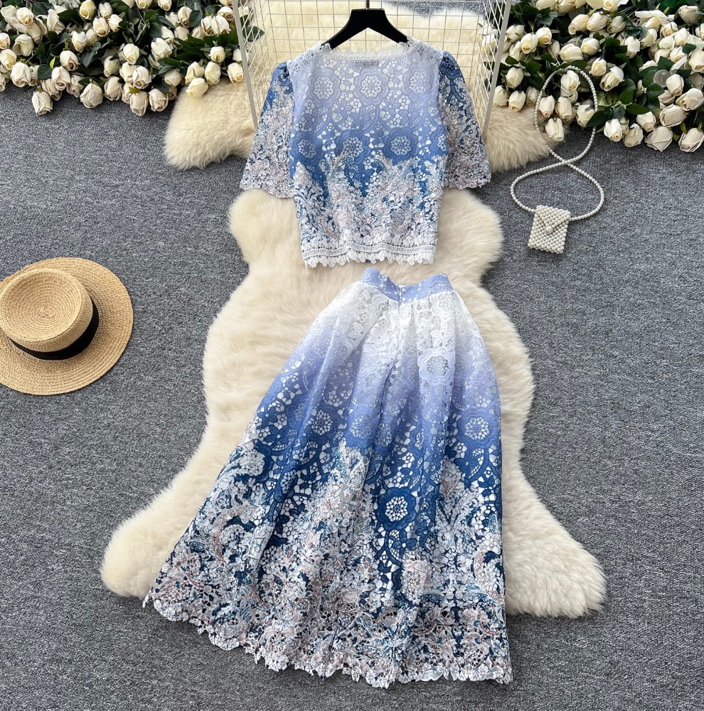 Lace Patchwork Embroidery Cardigan & Skirt 2Pcs