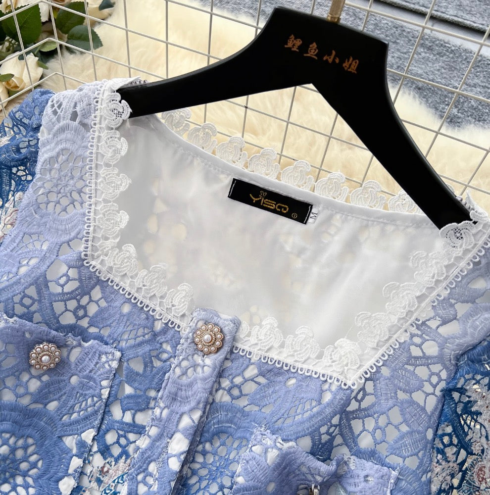 Lace Patchwork Embroidery Cardigan & Skirt 2Pcs