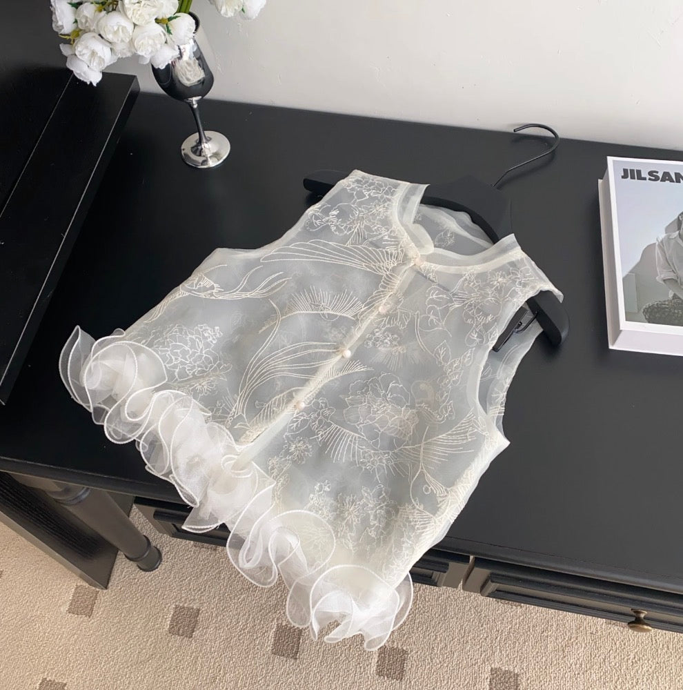 Niche Thin Embroidery White Mesh Top