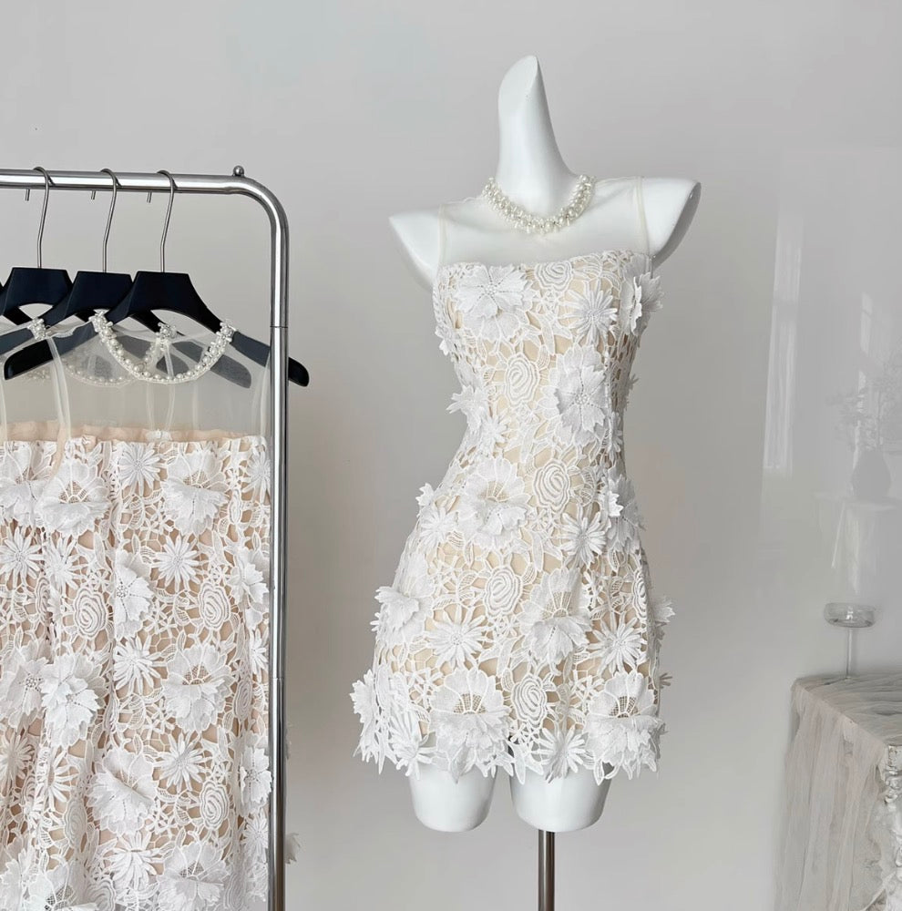 Lace Patchwork Cut Floral White Dress