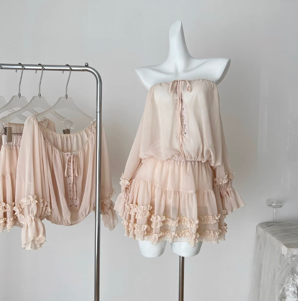 Off-shoulder Chiffon Top & Skirt 2Pcs