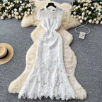 Elegant Hollowed Crochet White Dress
