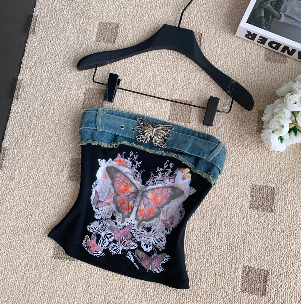 Chic Denim Patchwork Printed Camisole