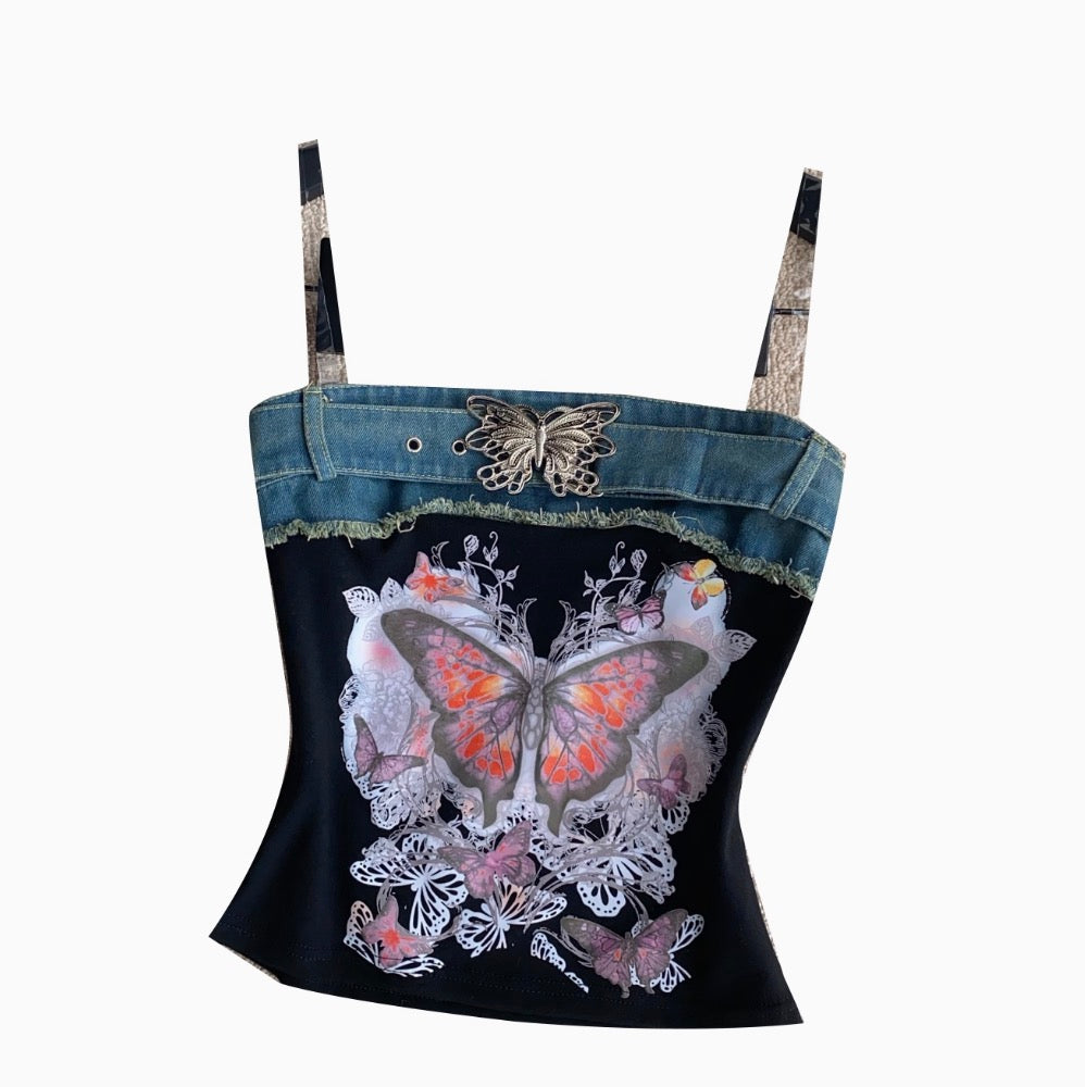 Chic Denim Patchwork Printed Camisole