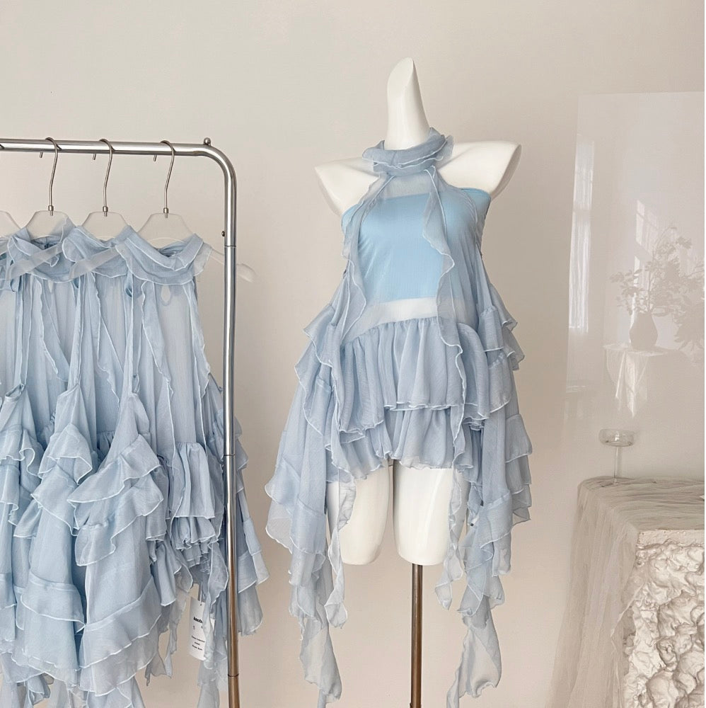 Irregular Design Fairy Blue Halter Dress