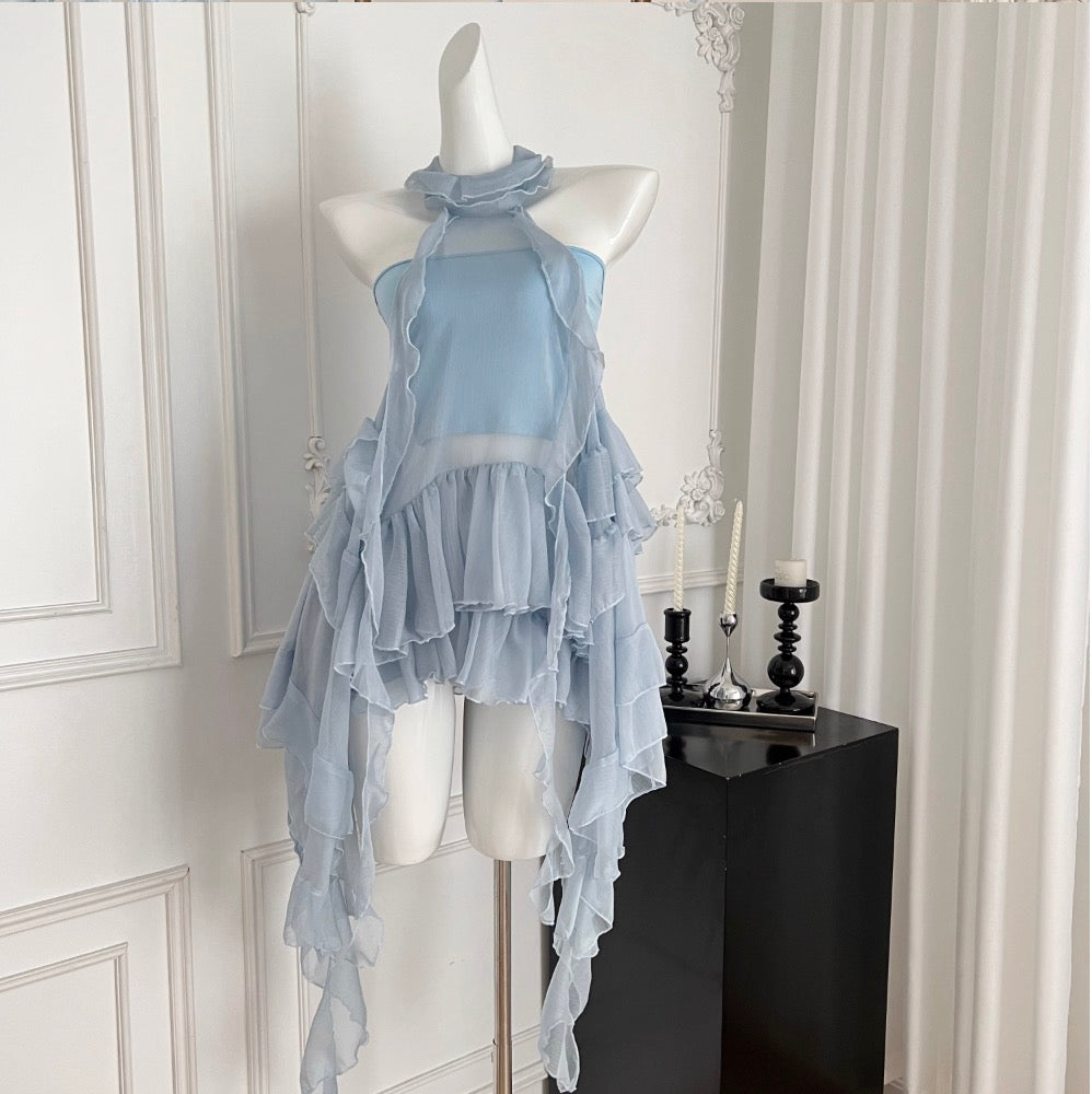 Irregular Design Fairy Blue Halter Dress