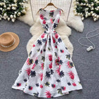 French Style Sleeveless Puffy Floral Dress