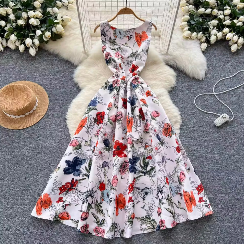 French Style Sleeveless Puffy Floral Dress