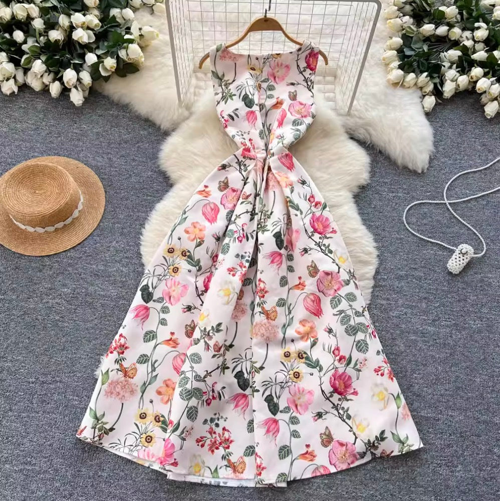 French Style Sleeveless Puffy Floral Dress