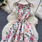 French Style Sleeveless Puffy Floral Dress