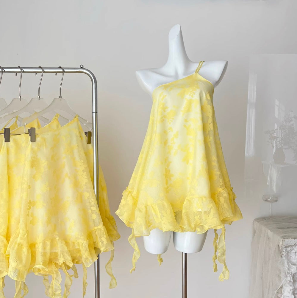 One-shoulder Yellow Flower Embroidery Dress