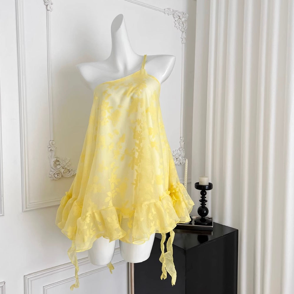 One-shoulder Yellow Flower Embroidery Dress