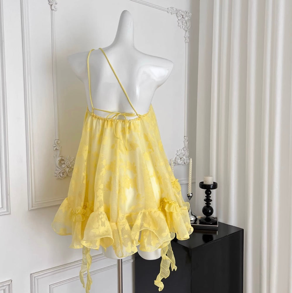 One-shoulder Yellow Flower Embroidery Dress