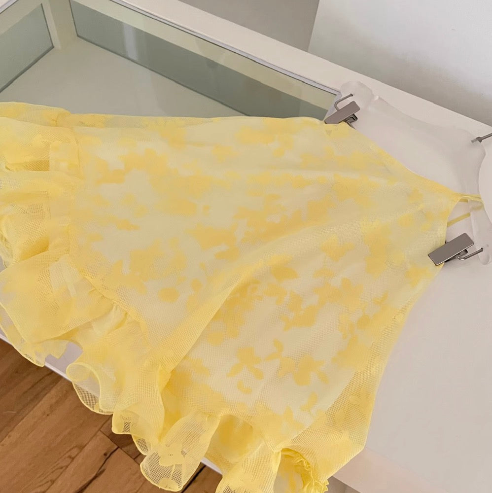 One-shoulder Yellow Flower Embroidery Dress