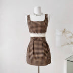 Vintage Square Neckline Plaid Slip Dress