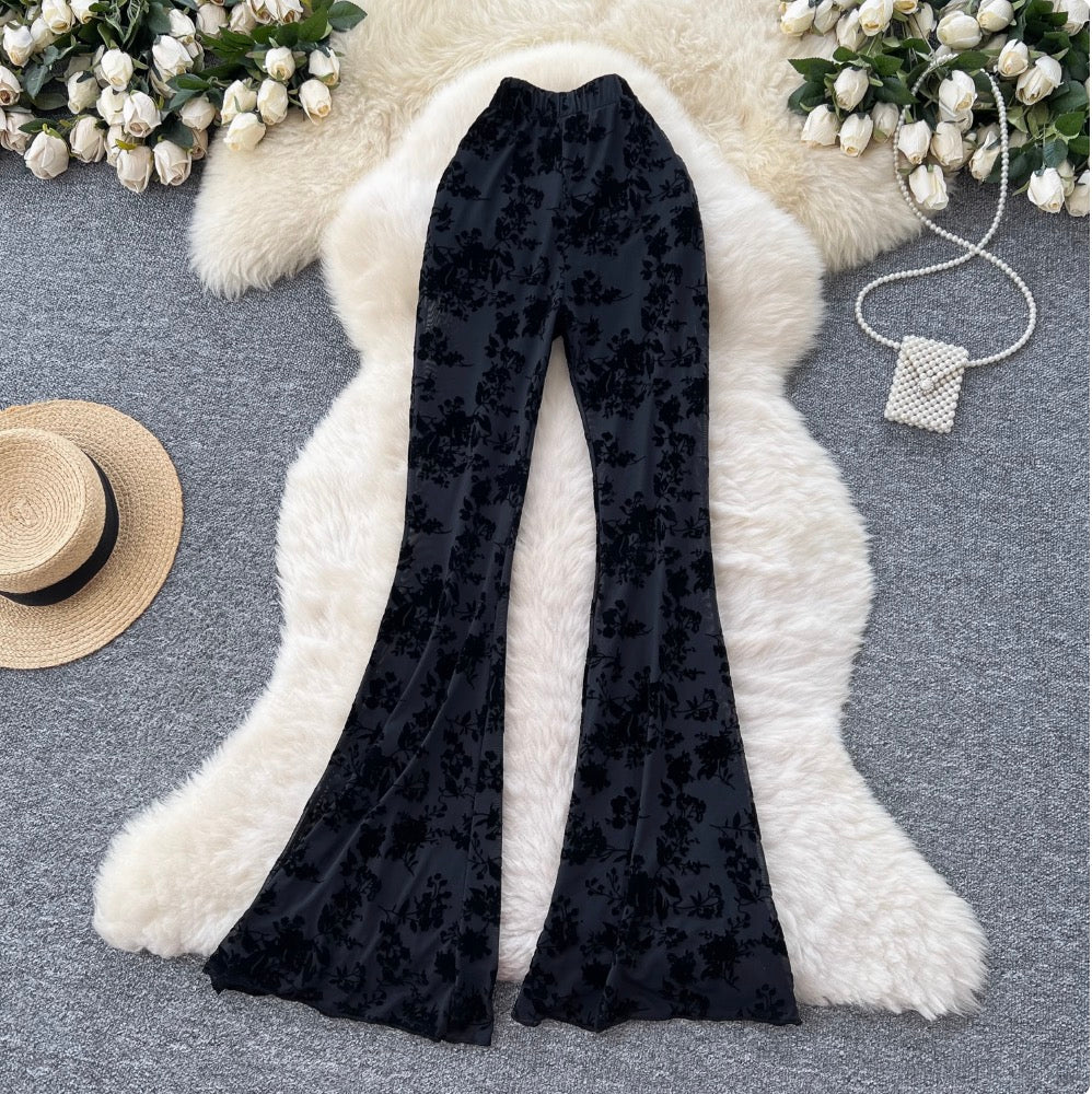 Stretchy Flocked Print Flared Trousers