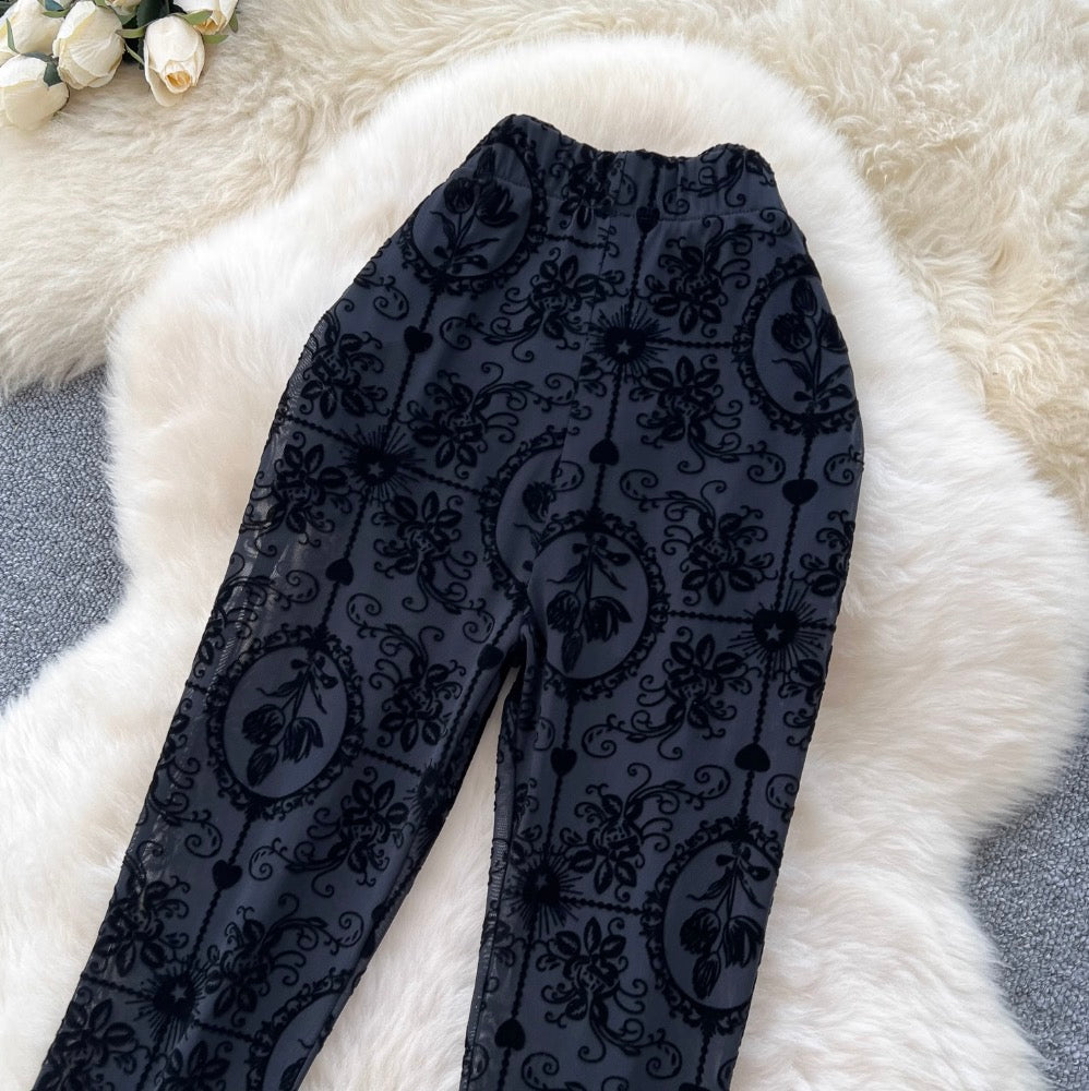 Stretchy Flocked Print Flared Trousers