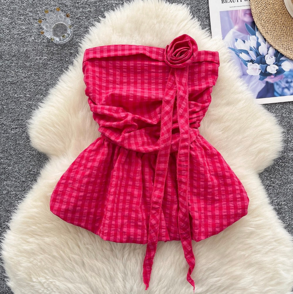 Off-shoulder Plaid Printed Ruffled Top