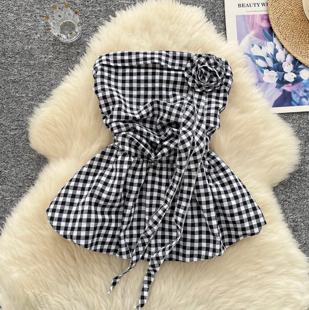 Off-shoulder Plaid Printed Ruffled Top