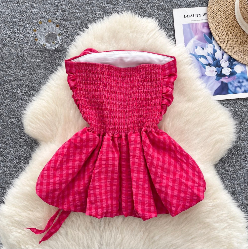 Off-shoulder Plaid Printed Ruffled Top