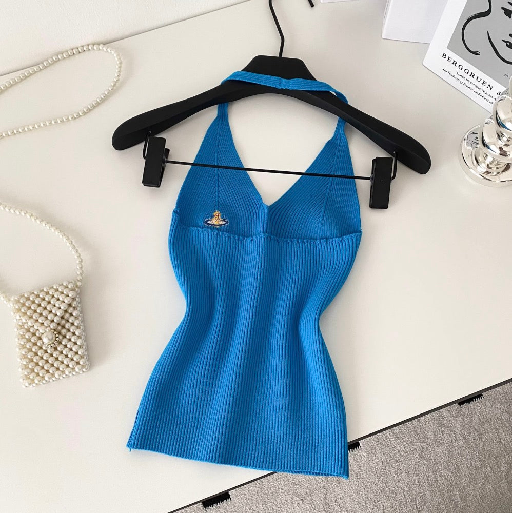 V-neck Embroidery Slim Halter Knitwear