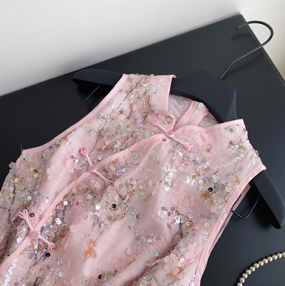 Furry Patchwork Sequined Cheongsam Dress