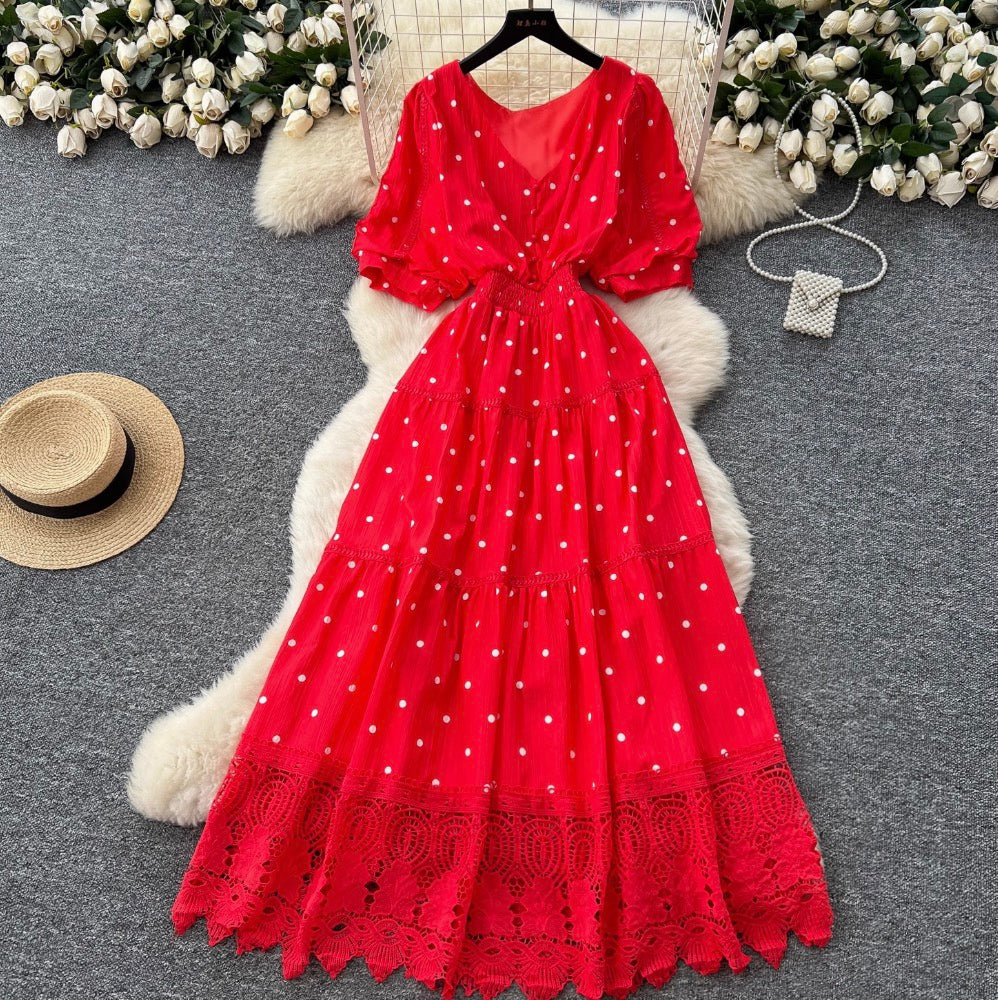 V-neck Polka Dot Lace Dress