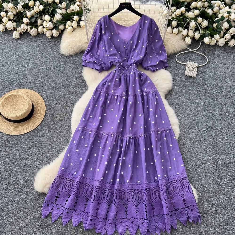 V-neck Polka Dot Lace Dress