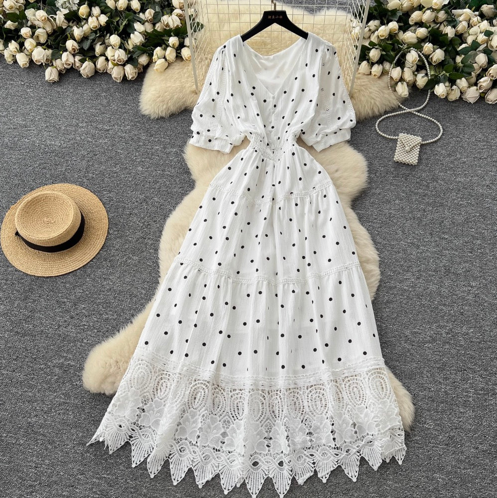 V-neck Polka Dot Lace Dress