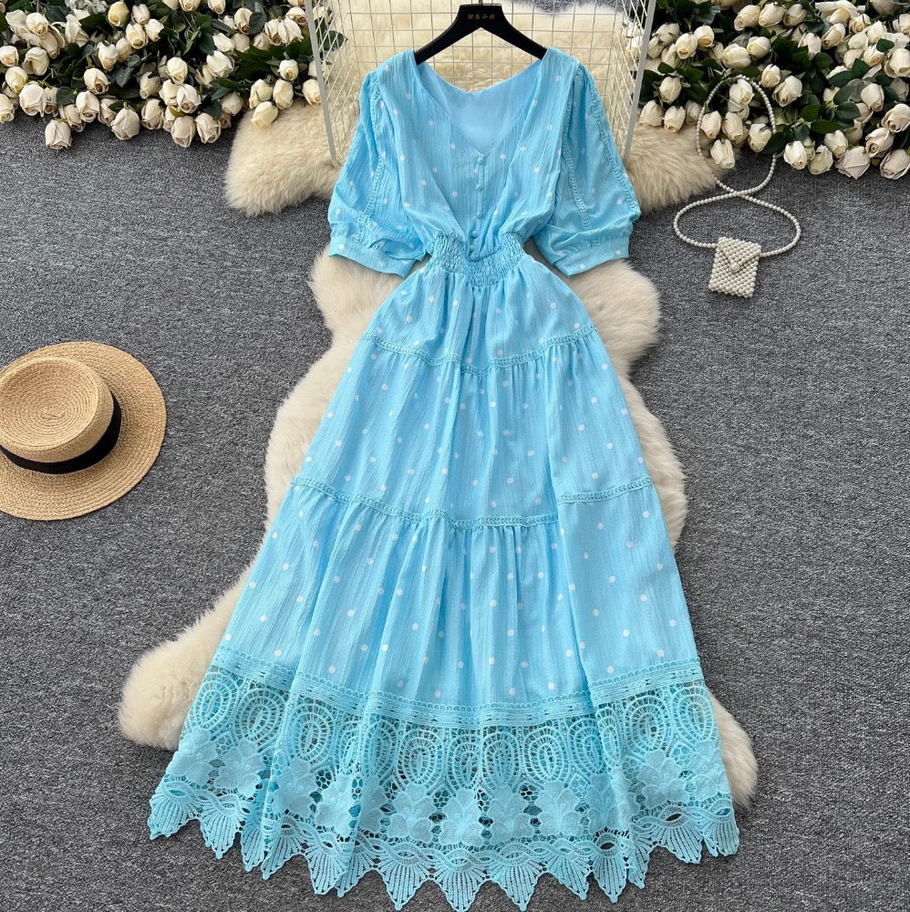 V-neck Polka Dot Lace Dress