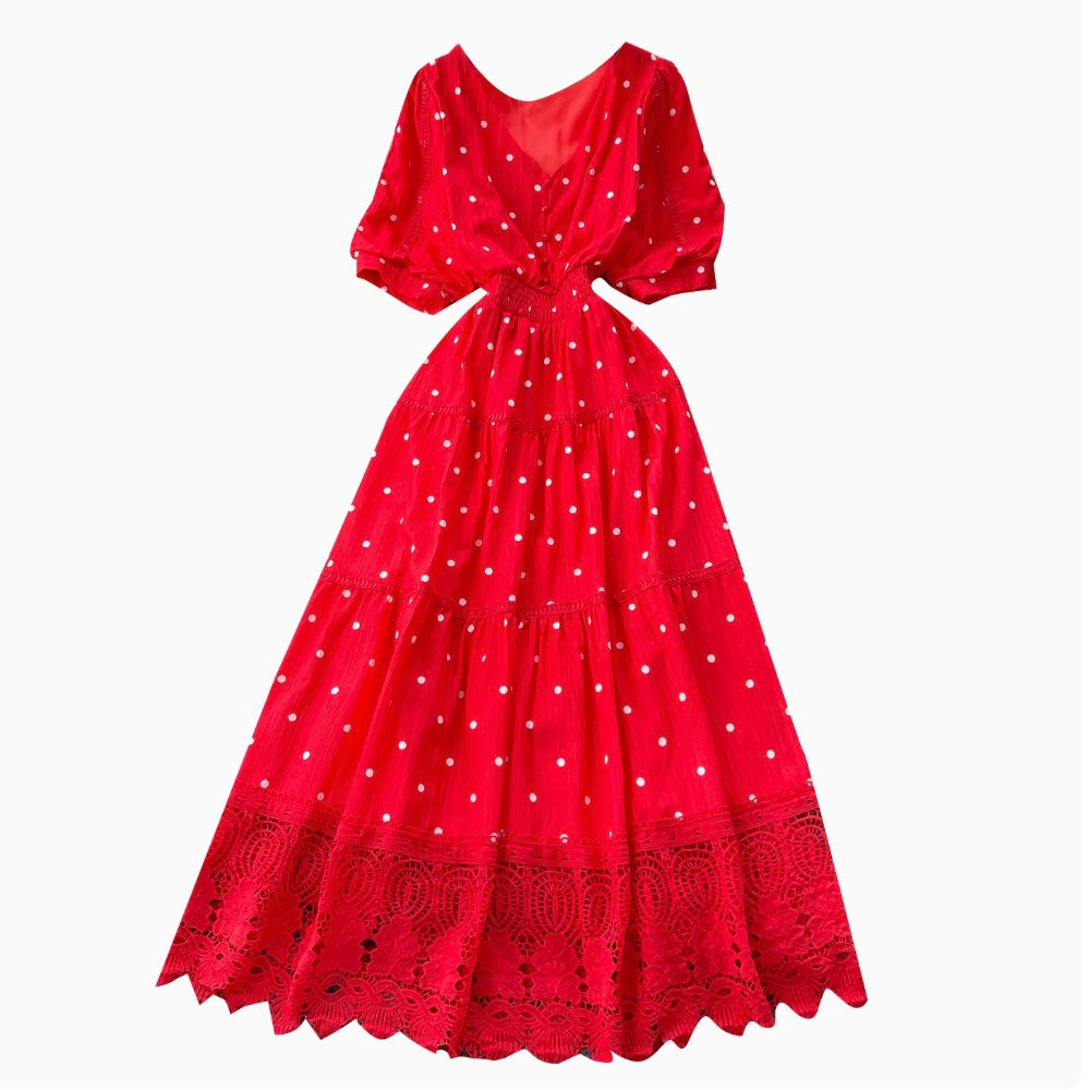 V-neck Polka Dot Lace Dress