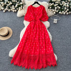 V-neck Polka Dot Lace Dress