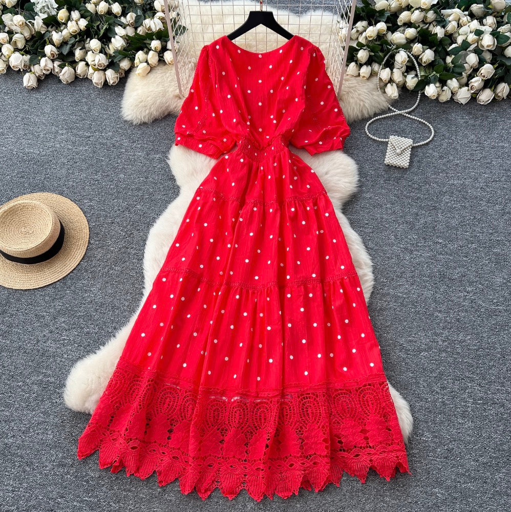 V-neck Polka Dot Lace Dress