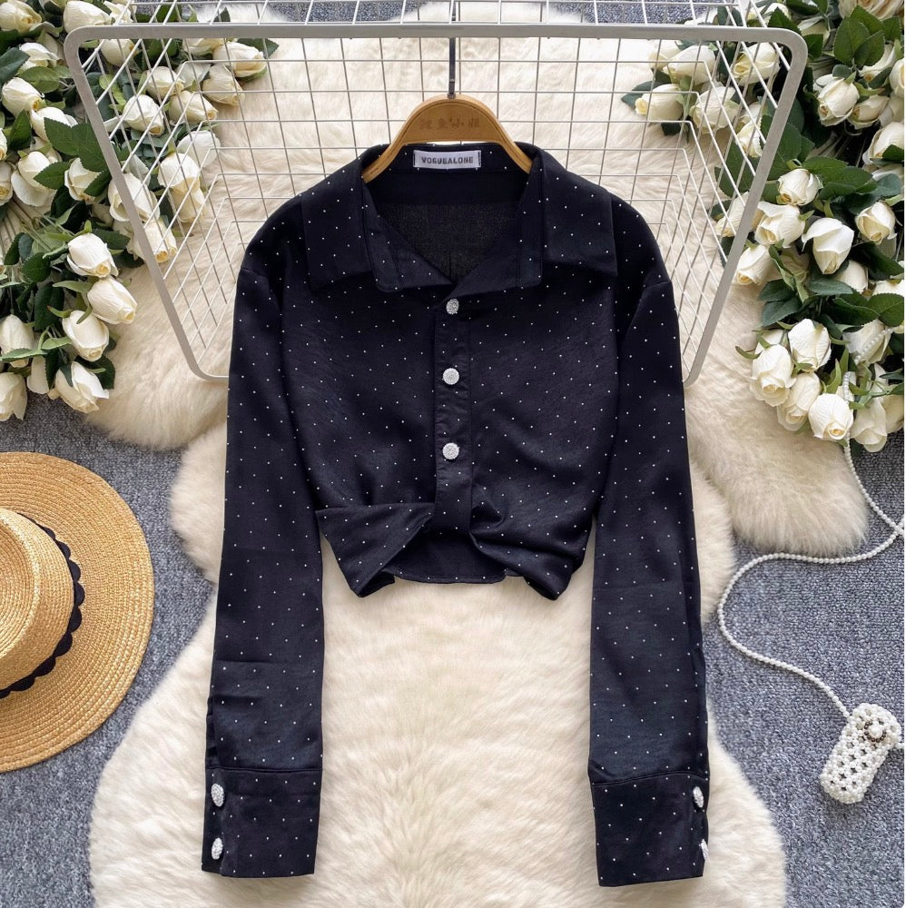 Chic Rhinestone Studded Knotted Shirt