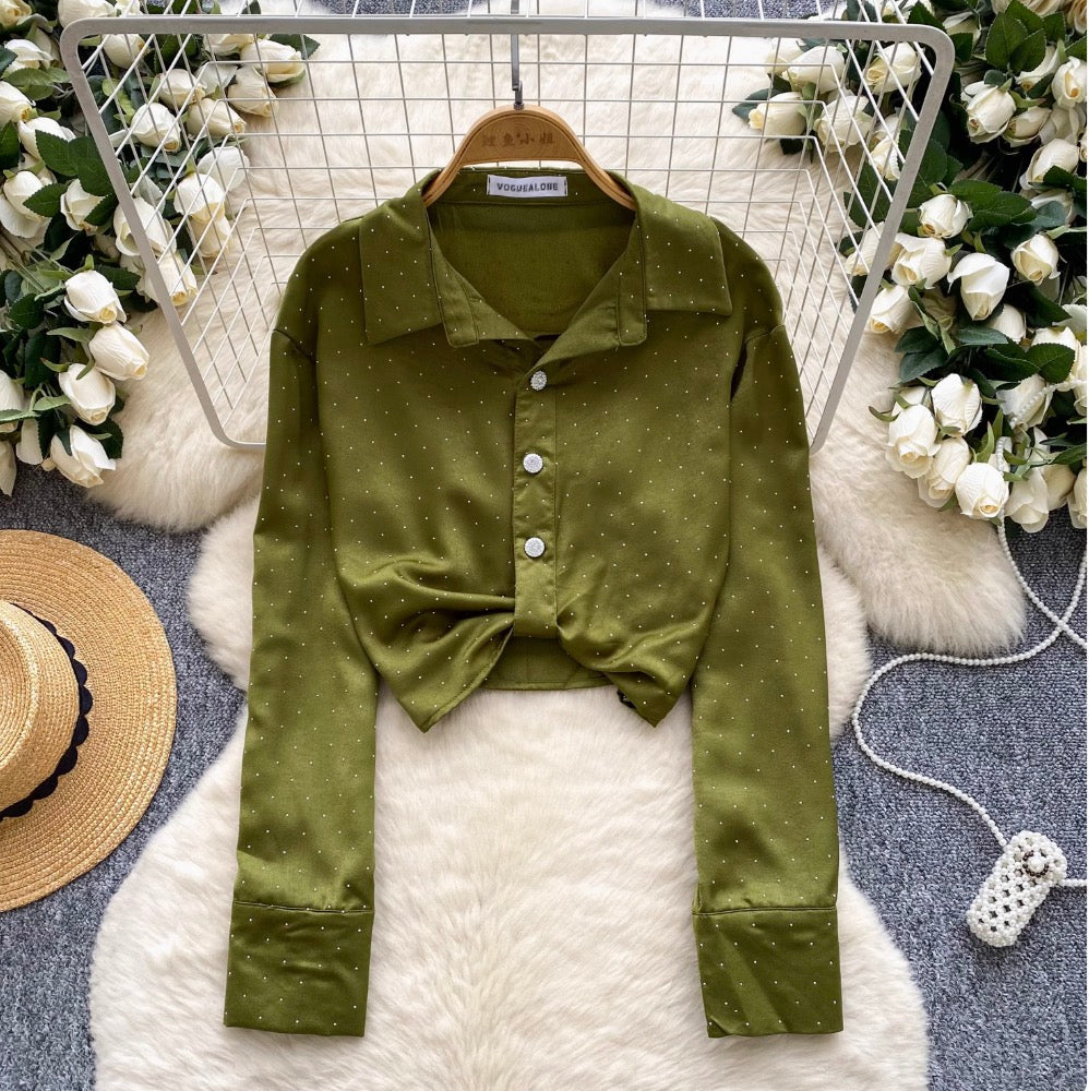Chic Rhinestone Studded Knotted Shirt