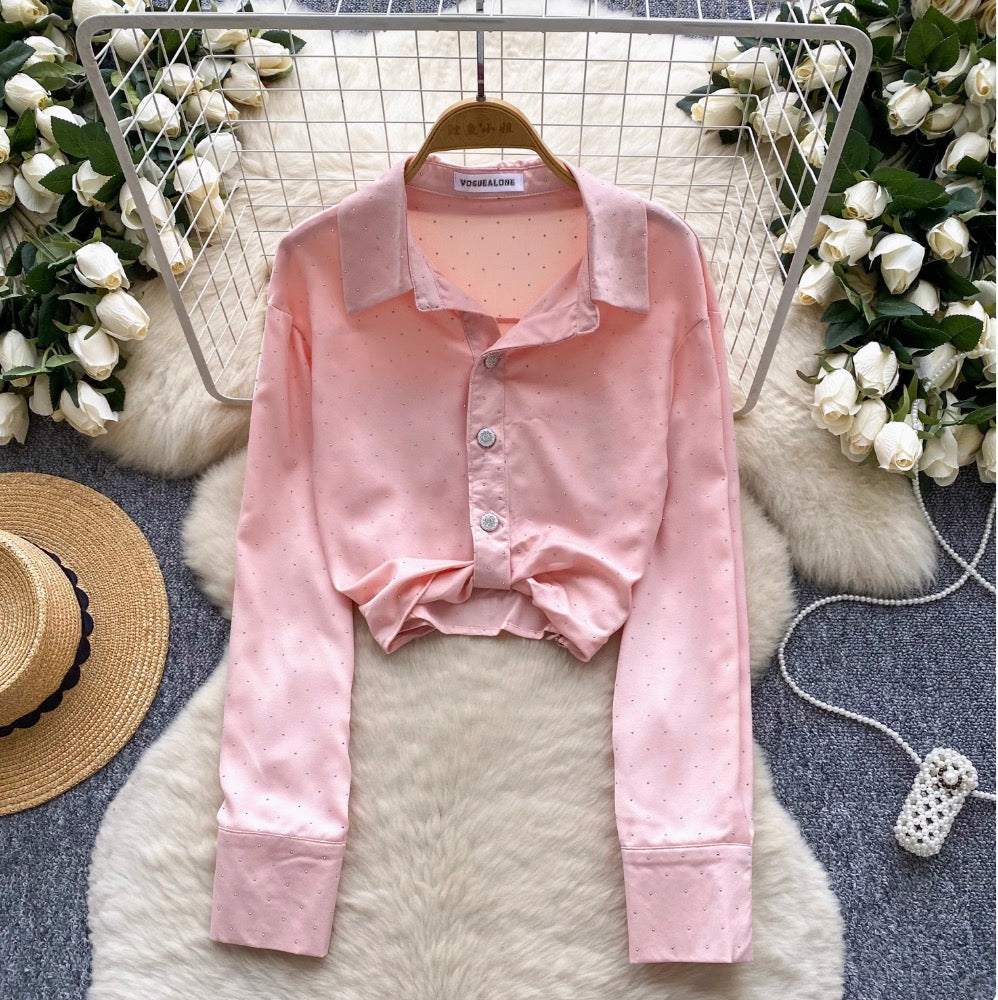 Chic Rhinestone Studded Knotted Shirt